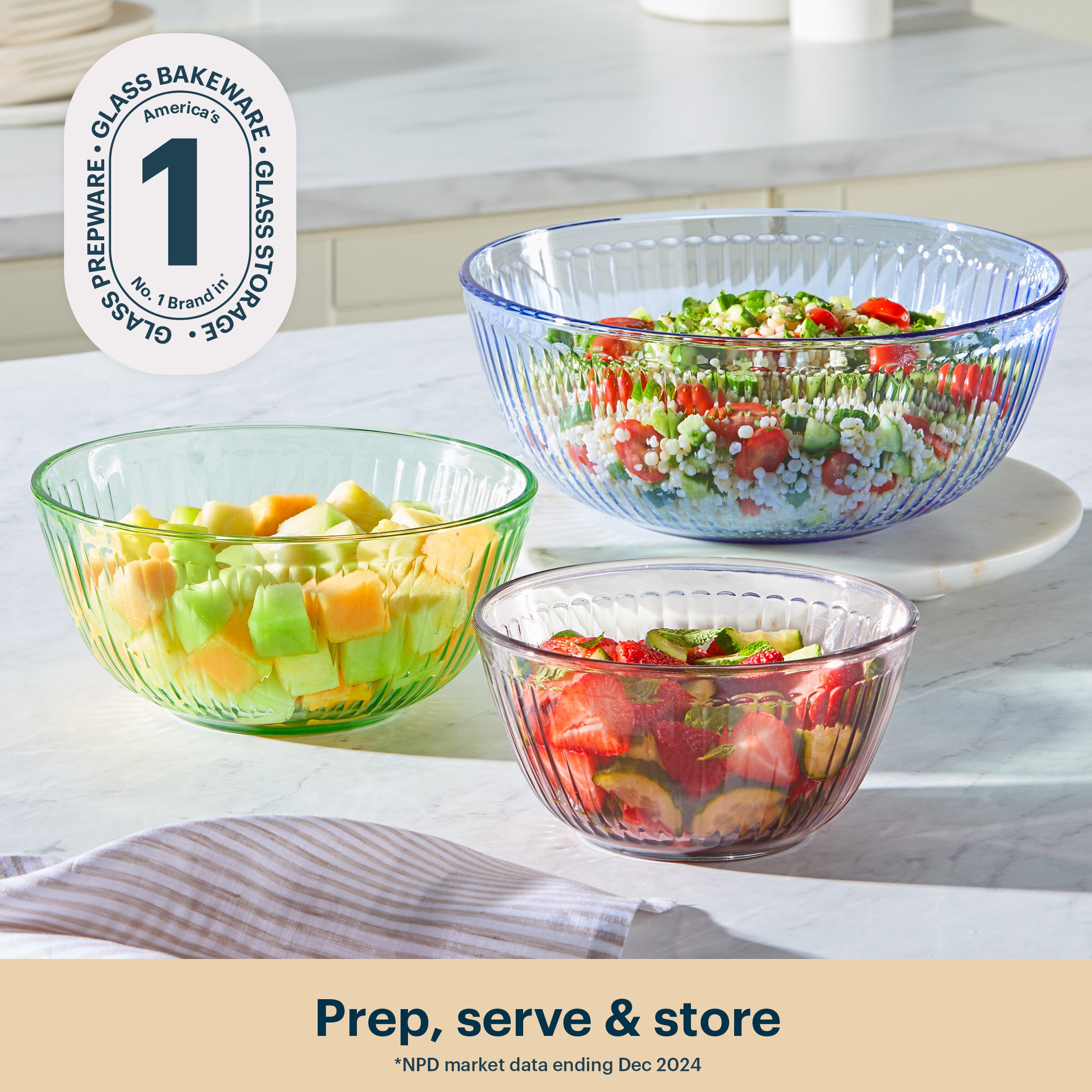 Pyrex® Colors Sculpted Tinted 3-piece Mixing Bowl Set. No Lid (Pink.Green.Blue) - Image 2