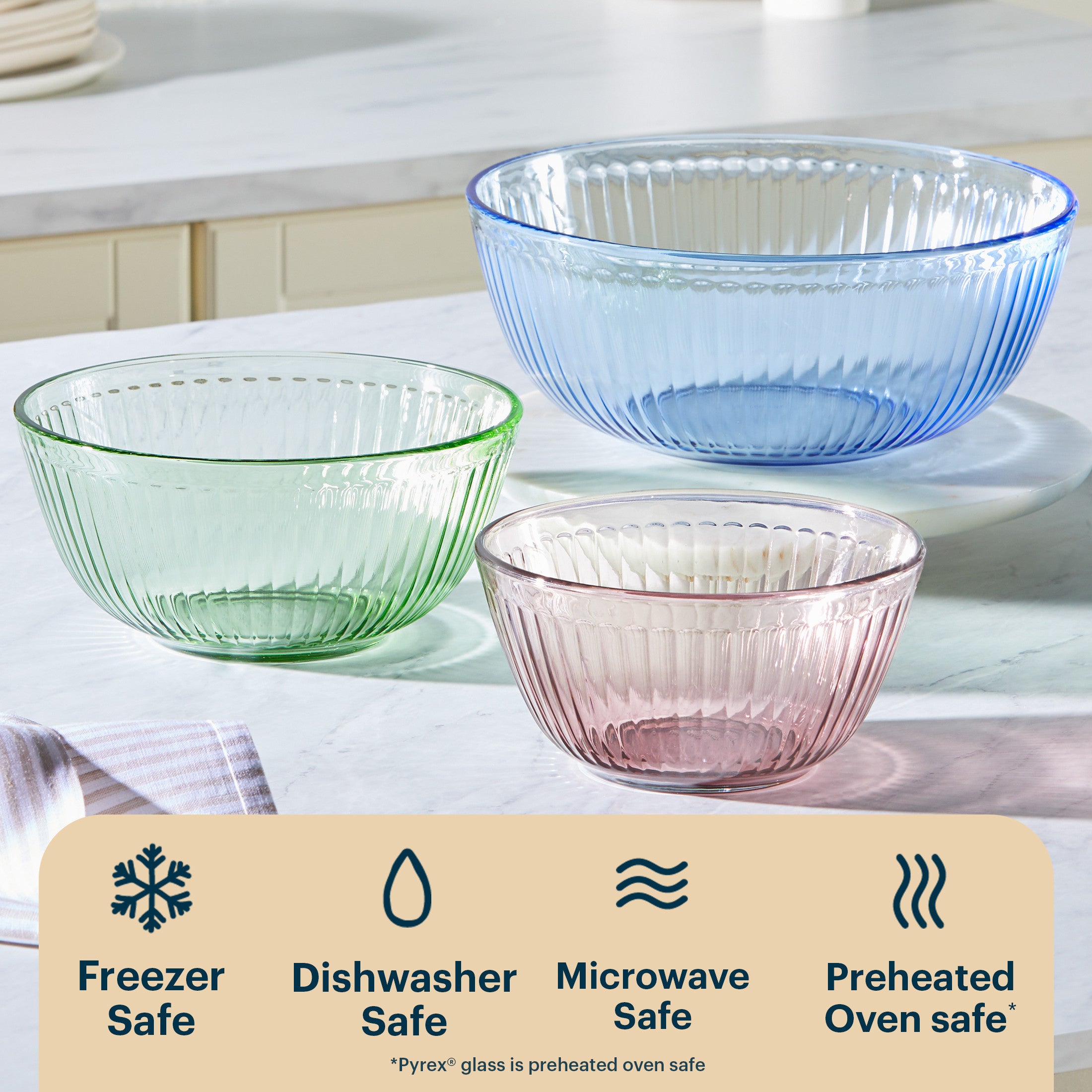 Pyrex® Colors Sculpted Tinted 3-piece Mixing Bowl Set. No Lid (Pink.Green.Blue) - Image 4